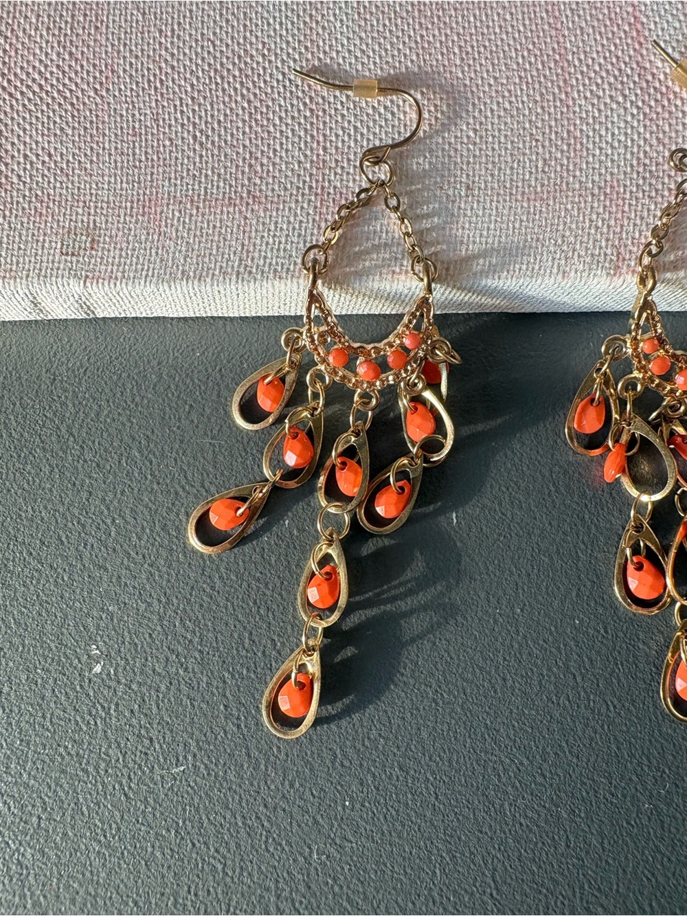 Gold-Tone Red Teardrop Chandelier Earrings - Picture 5 of 6